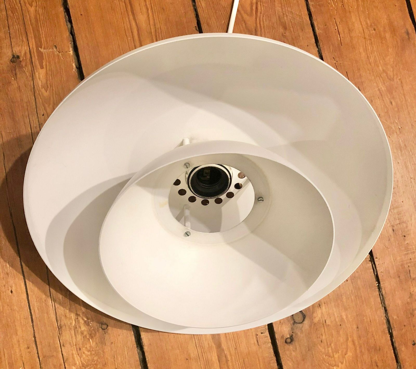 Minimalist Danish Design Multilayer Mid Century Ceiling Lamp In White Metal With Red Detail photo vintage