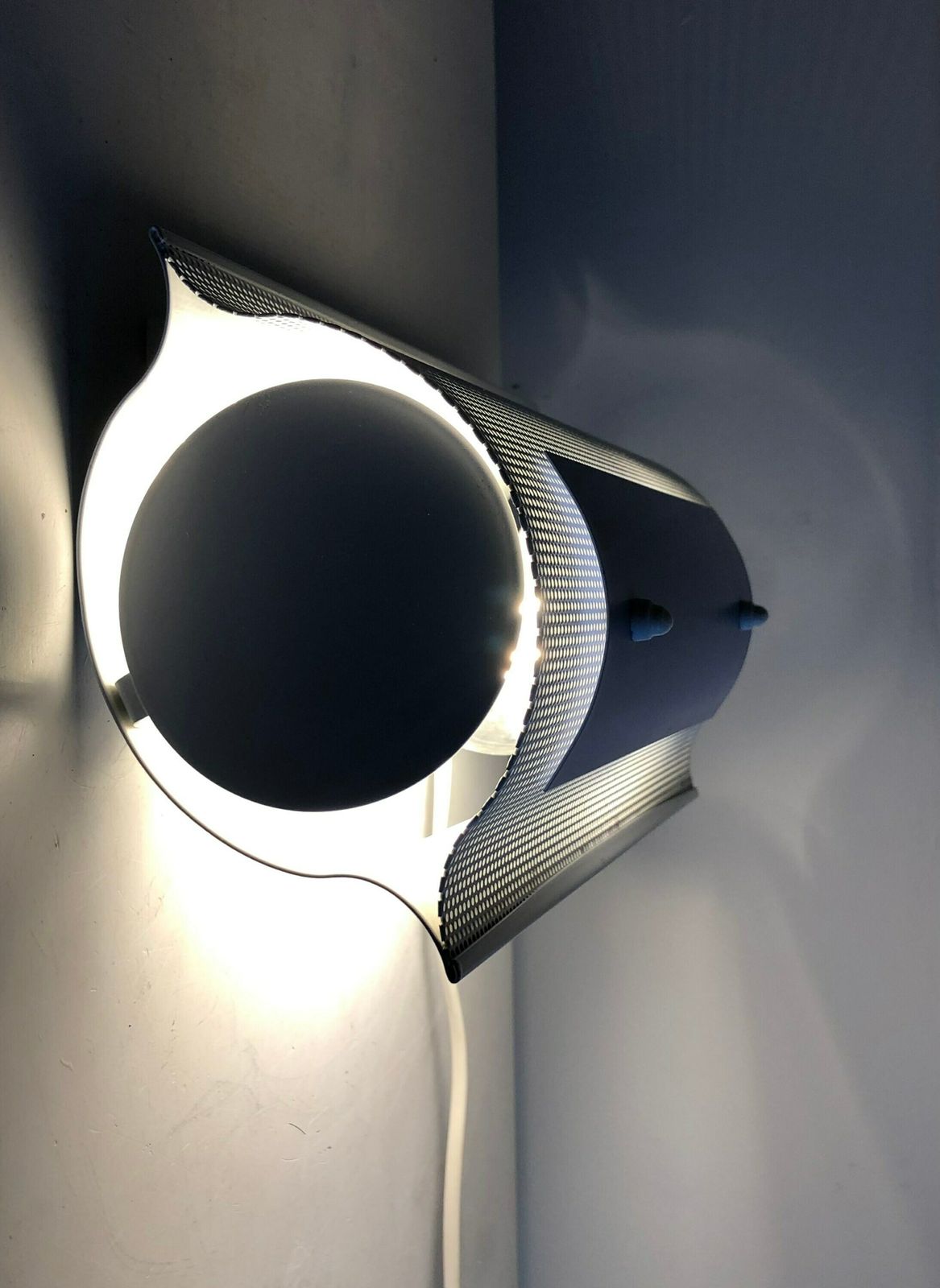 Danish Horn Design Large Minimalist Postmodern Wall Lamp In Perforated Metal With Blue Detail photo vinterior