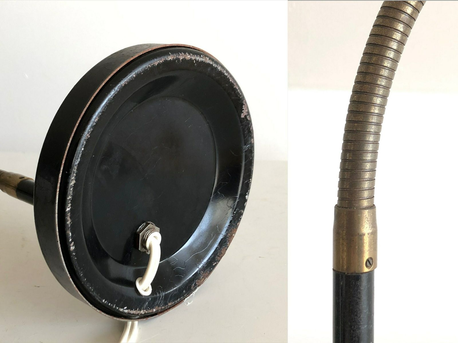 photo furniture Vintage Classic Table Lamp In Cool Design With Golden Shade, Flexible Brass Neck And Patinated Black Metal Base