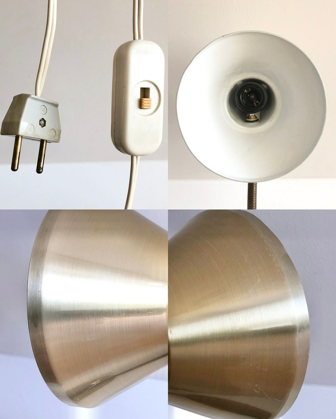 photo for sale Vintage Classic Table Lamp In Cool Design With Golden Shade, Flexible Brass Neck And Patinated Black Metal Base