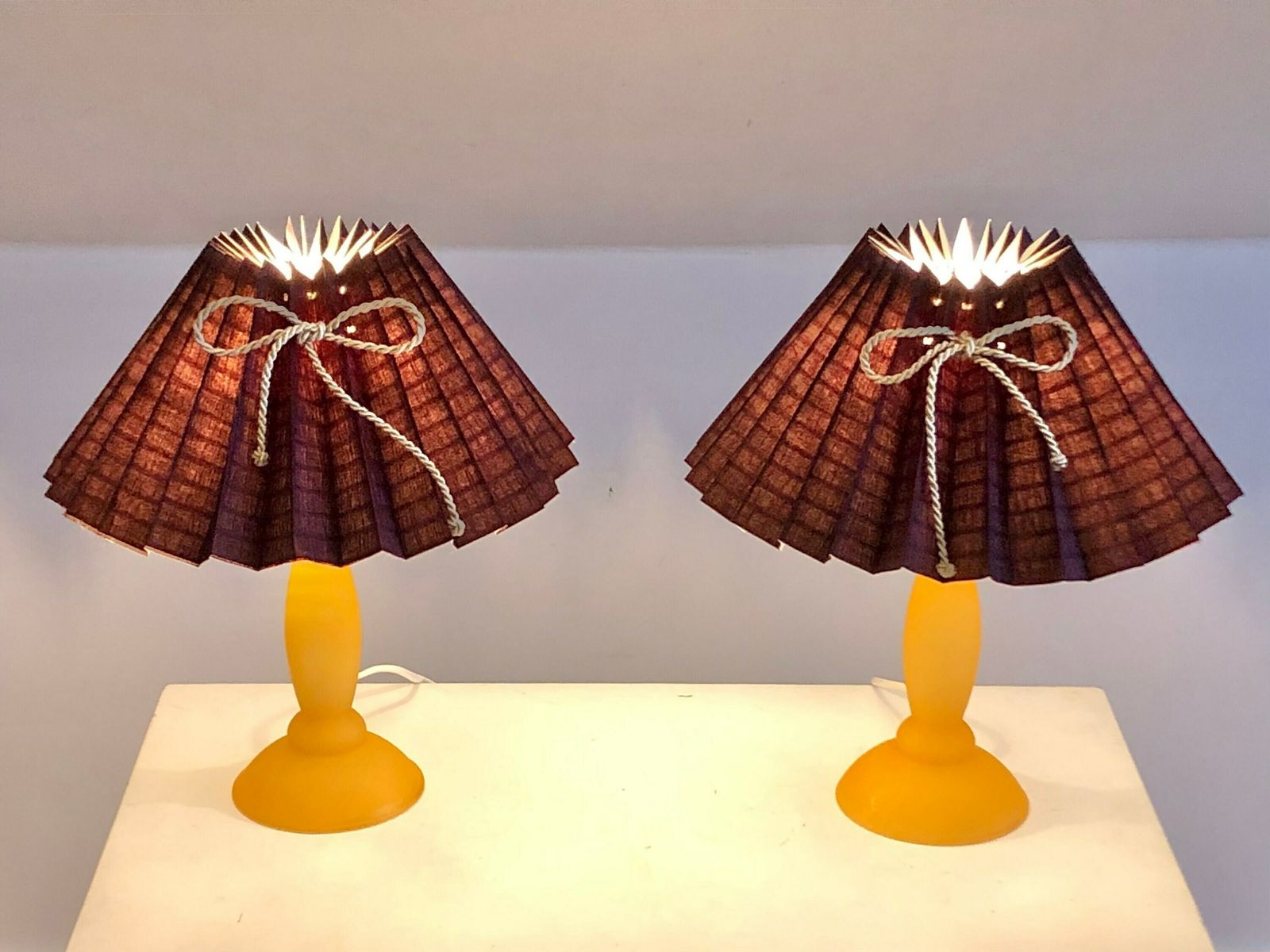 Pair Of Danish Mid Century Glass Table Lamps In Yellow With Purple Patterned Pleated Shades   Design By Plus Lys photo furniture