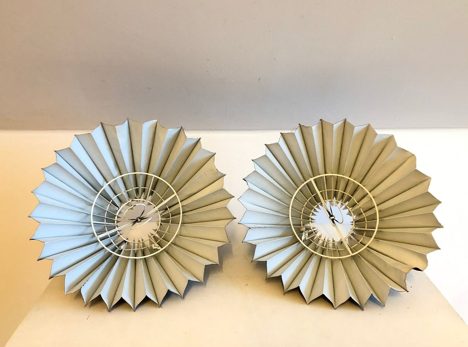 Pair Of Danish Mid Century Glass Table Lamps In Yellow With Purple Patterned Pleated Shades   Design By Plus Lys photo vinterior