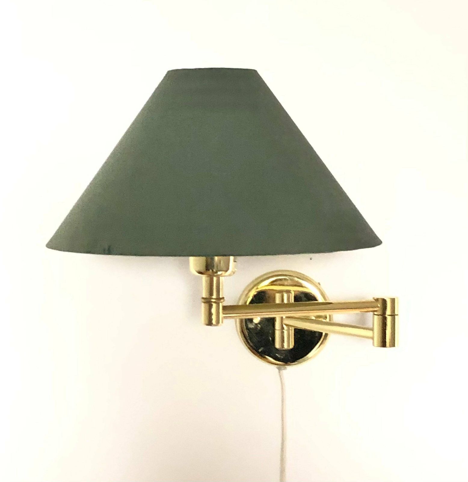 Mid Century Danish Swing Arm Design Wall Lamp In Brass With Original Vintage Green Fabric Shade photo for sale