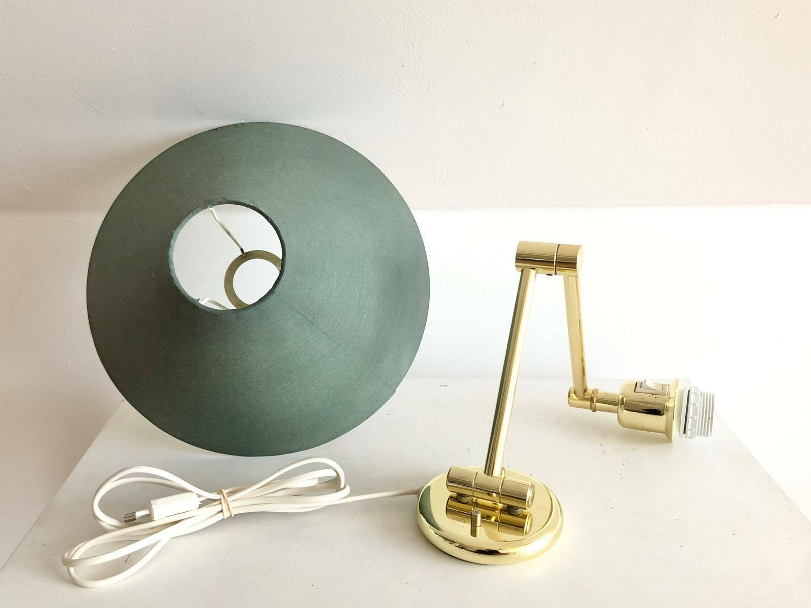 Mid Century Danish Swing Arm Design Wall Lamp In Brass With Original Vintage Green Fabric Shade photo buy