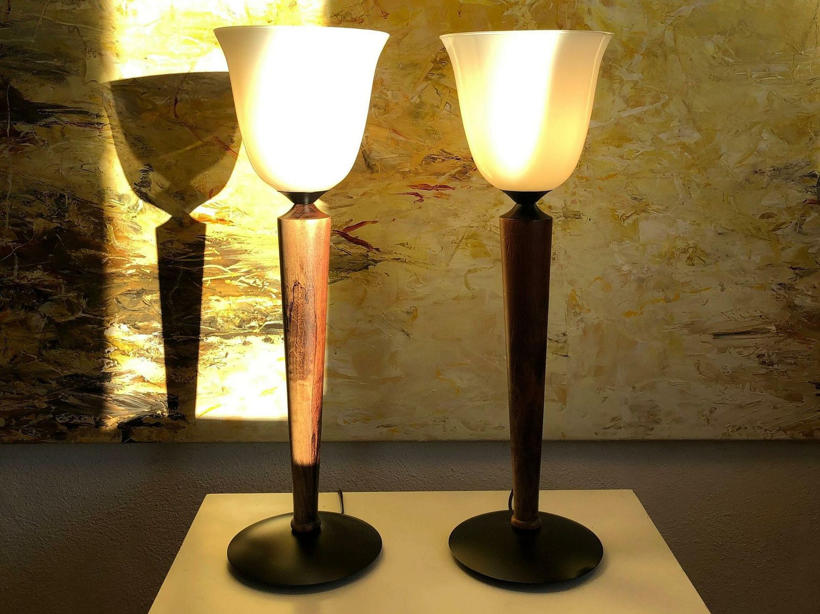 Pair Of Vintage Othello Wooden Table Lamps With White Glass Shades   Design From Société Centrale D’eclairage (Sce) photo furniture