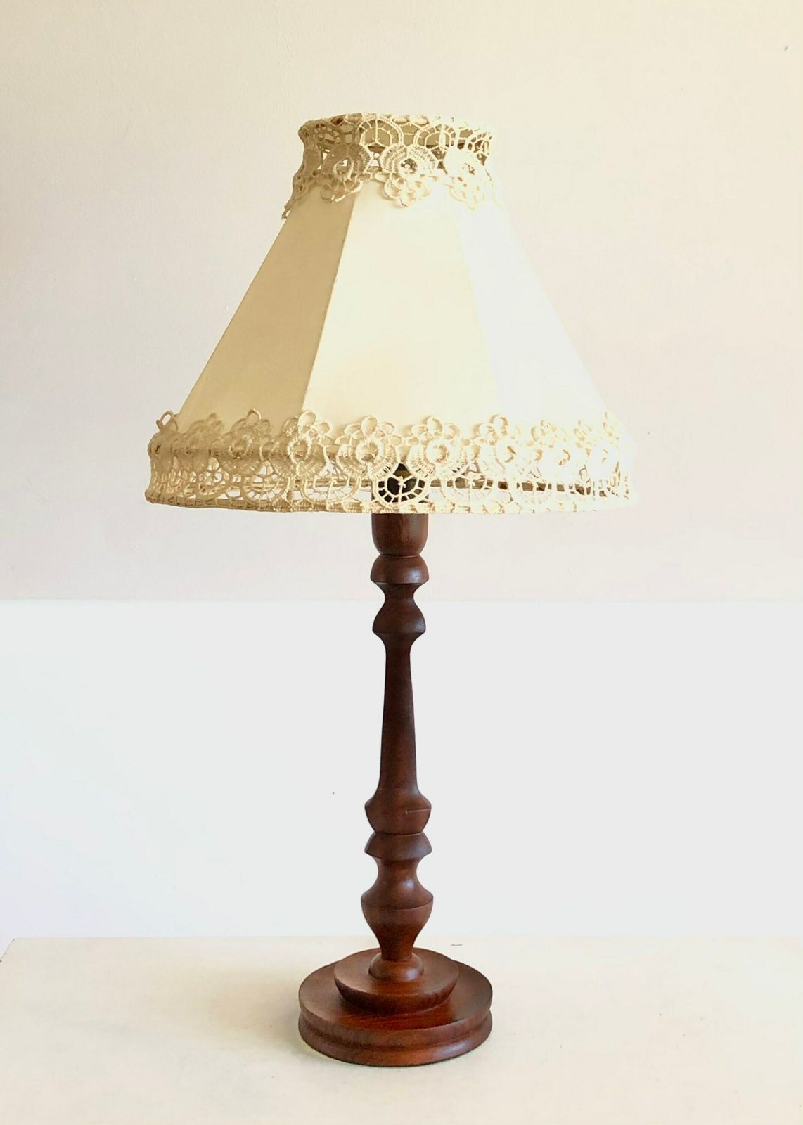 Elegant Dark Wood Danish Vintage Table Lamp In Organic Shapes With Unique Handmade Vintage Embroidered Fabric Shade photo Lighting