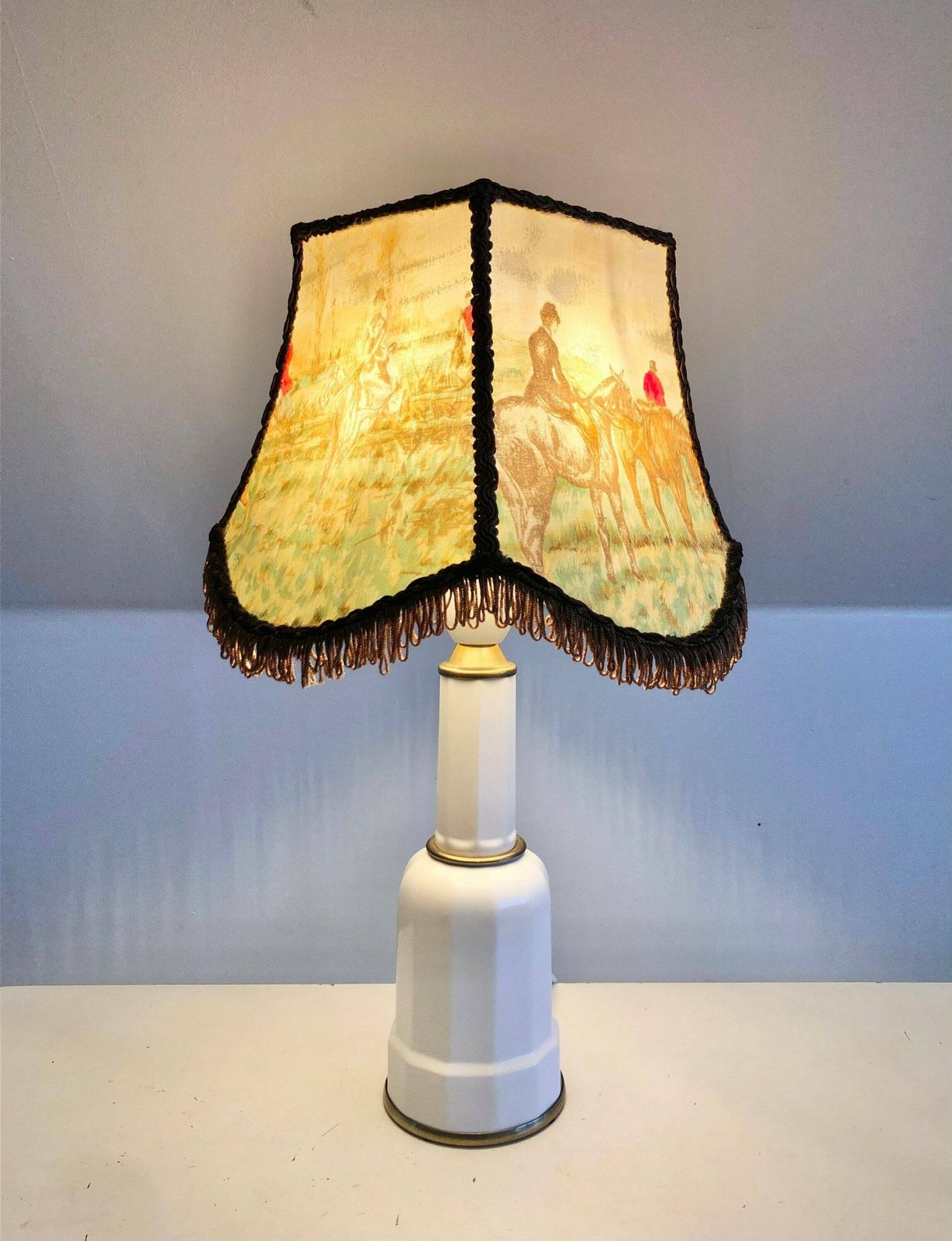 Danish Original Mid Century Modern Design White Porcelain And Brass Table Lamp With Vintage Painted Shade