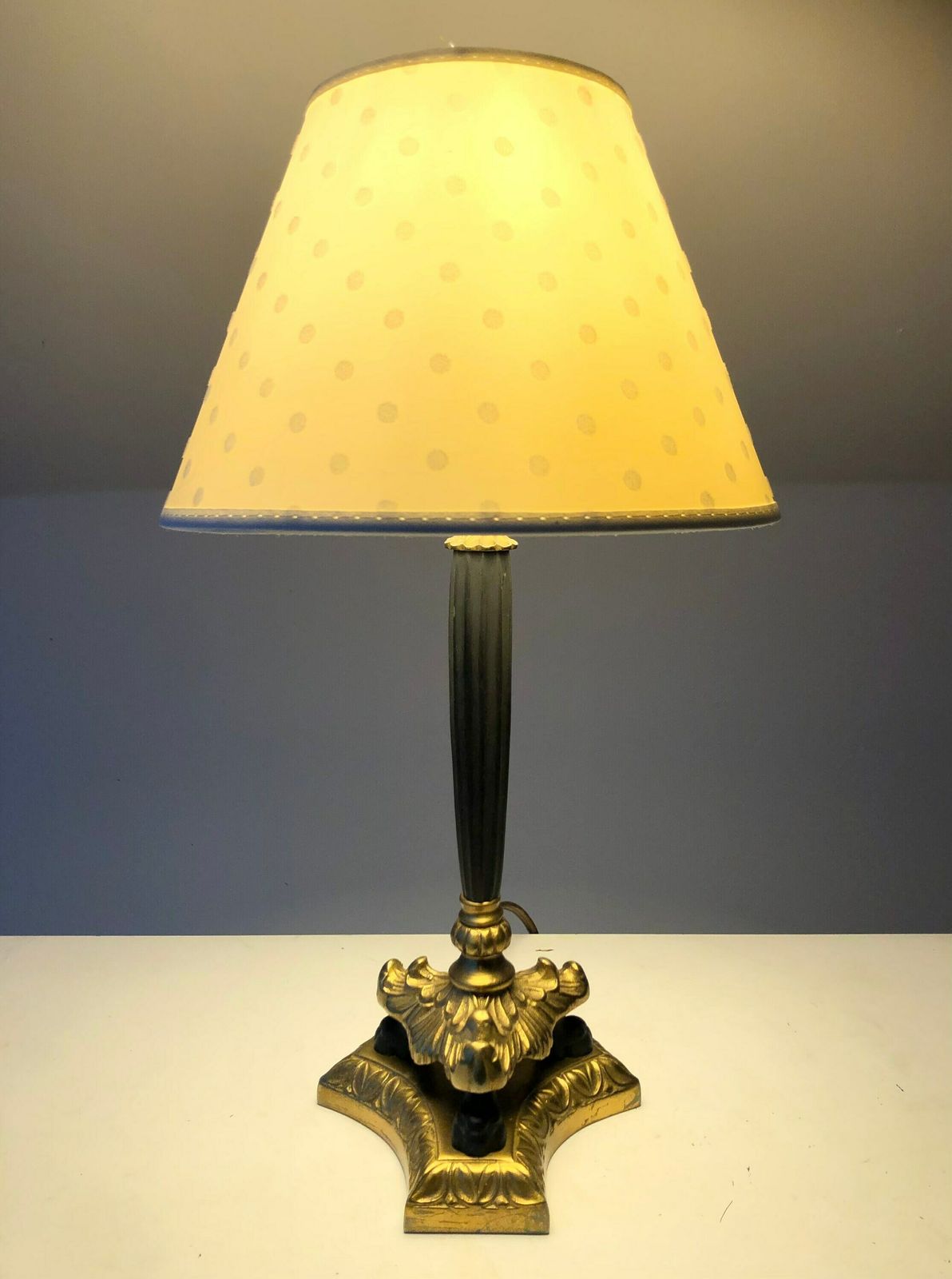 Empire Style Tripod Table Lamp In Brass And Black Painted Metal With Organic Shapes, Lion Feet And Off White Fabric Shade With Dots photo Lighting