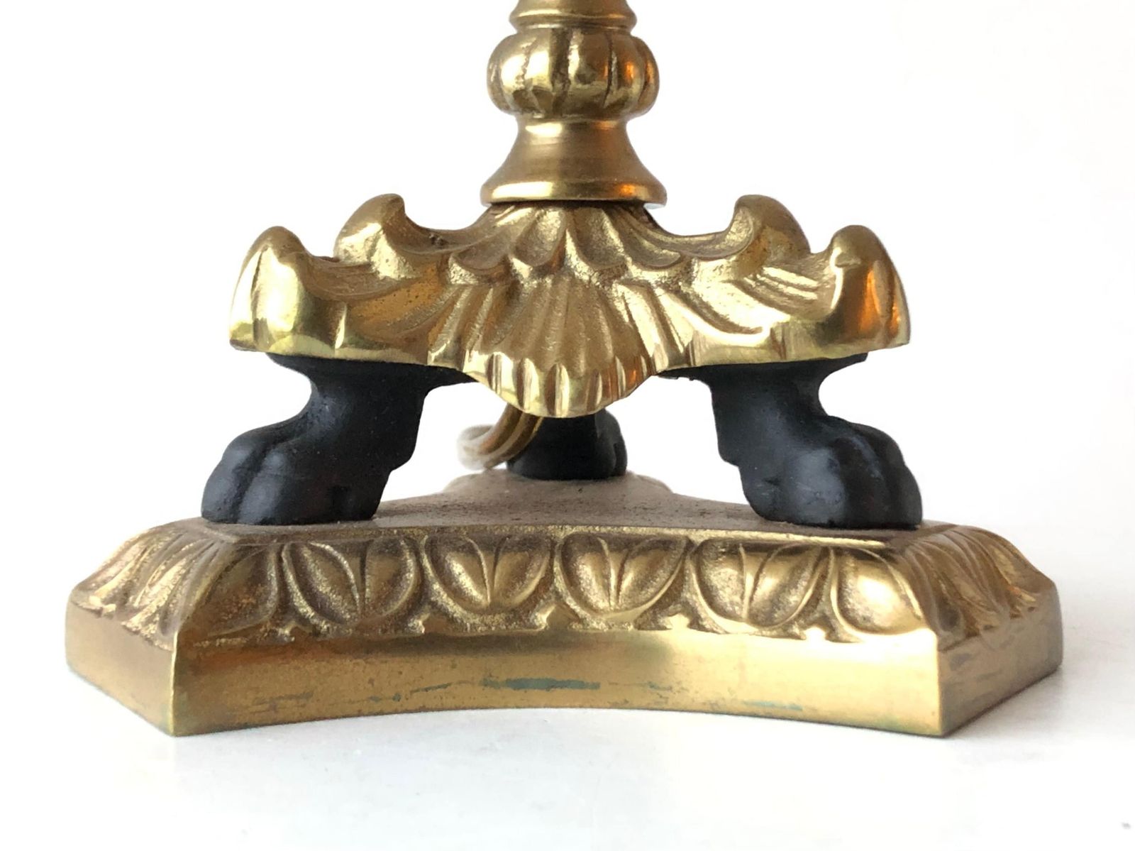 Empire Style Tripod Table Lamp In Brass And Black Painted Metal With Organic Shapes, Lion Feet And Off White Fabric Shade With Dots photo vinterior