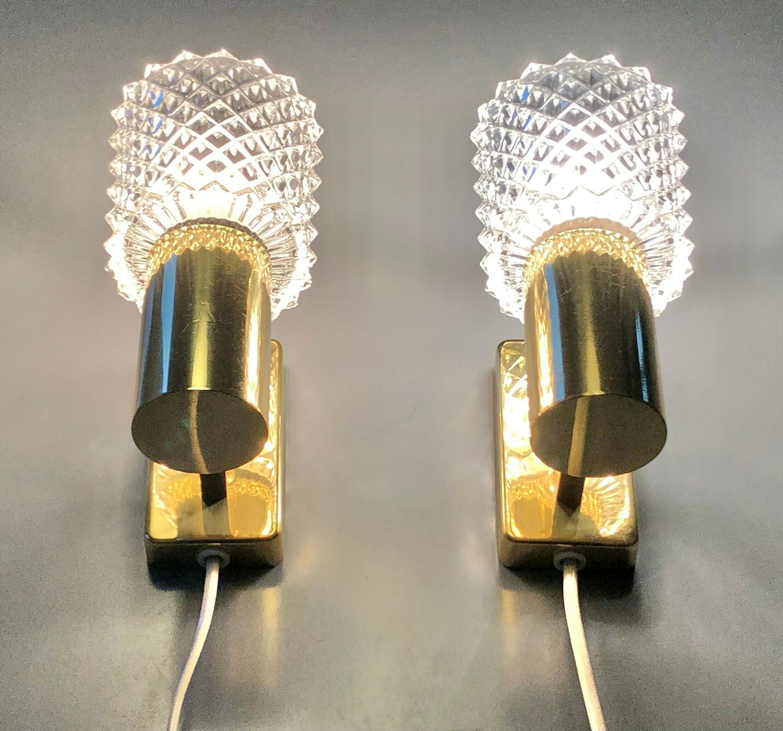 Pair Of Elegant Danish Mid Century Brass Wall Lamps In Modernist Design With Beautiful Crystal Shades photo Lighting