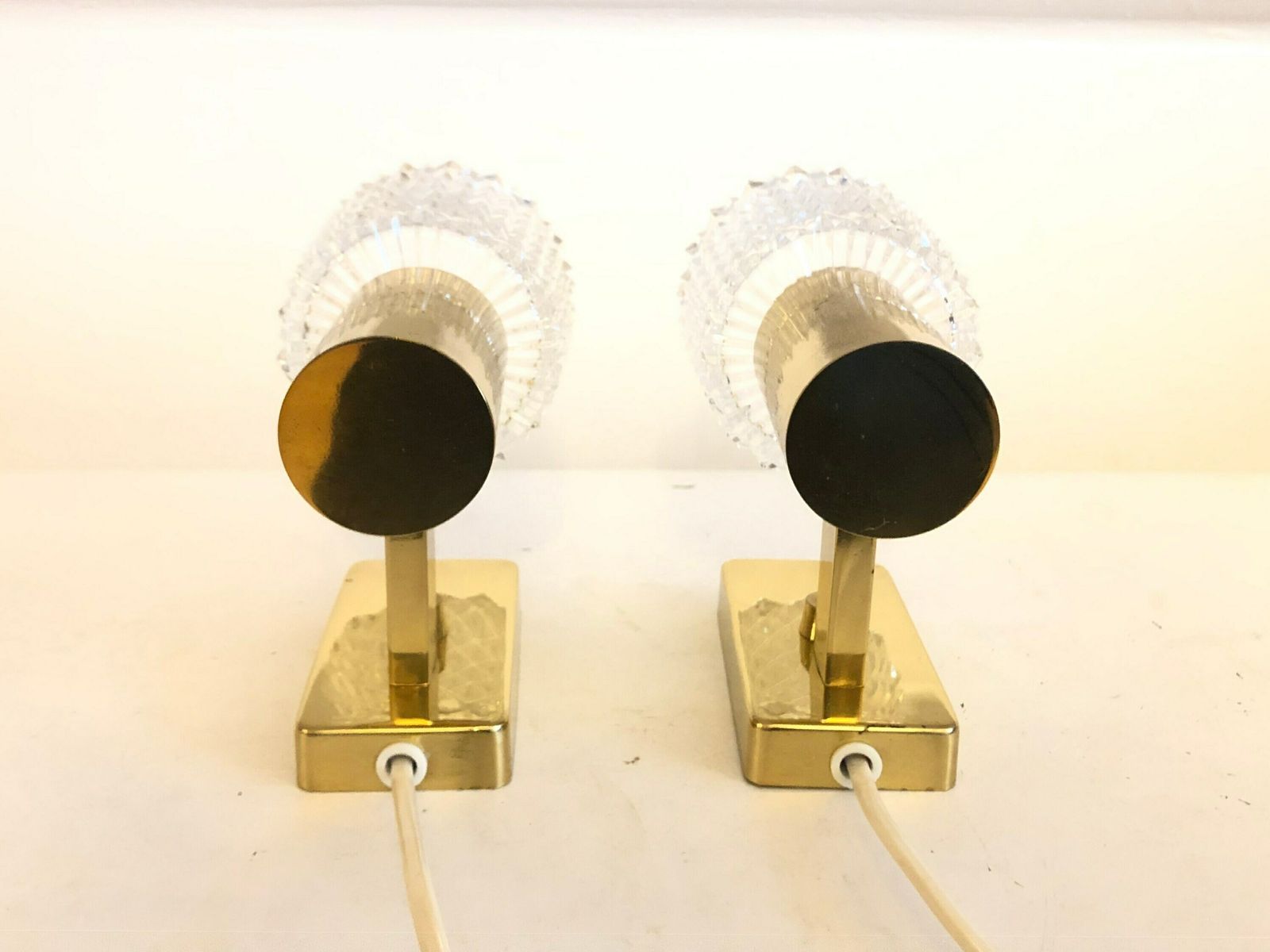 Pair Of Elegant Danish Mid Century Brass Wall Lamps In Modernist Design With Beautiful Crystal Shades photo vinterior