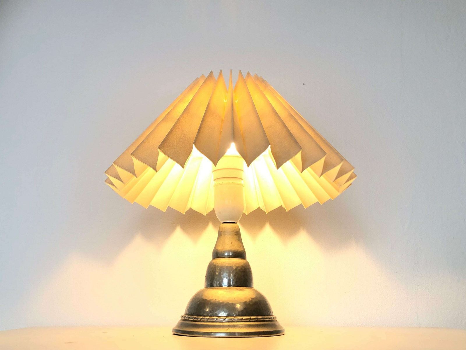 Danish Art Deco Hammered Pewter Table Lamp In Organic Shape With Decoration And Vintage Fabric Pleated Shade   Design By Hags, Denmark photo furniture