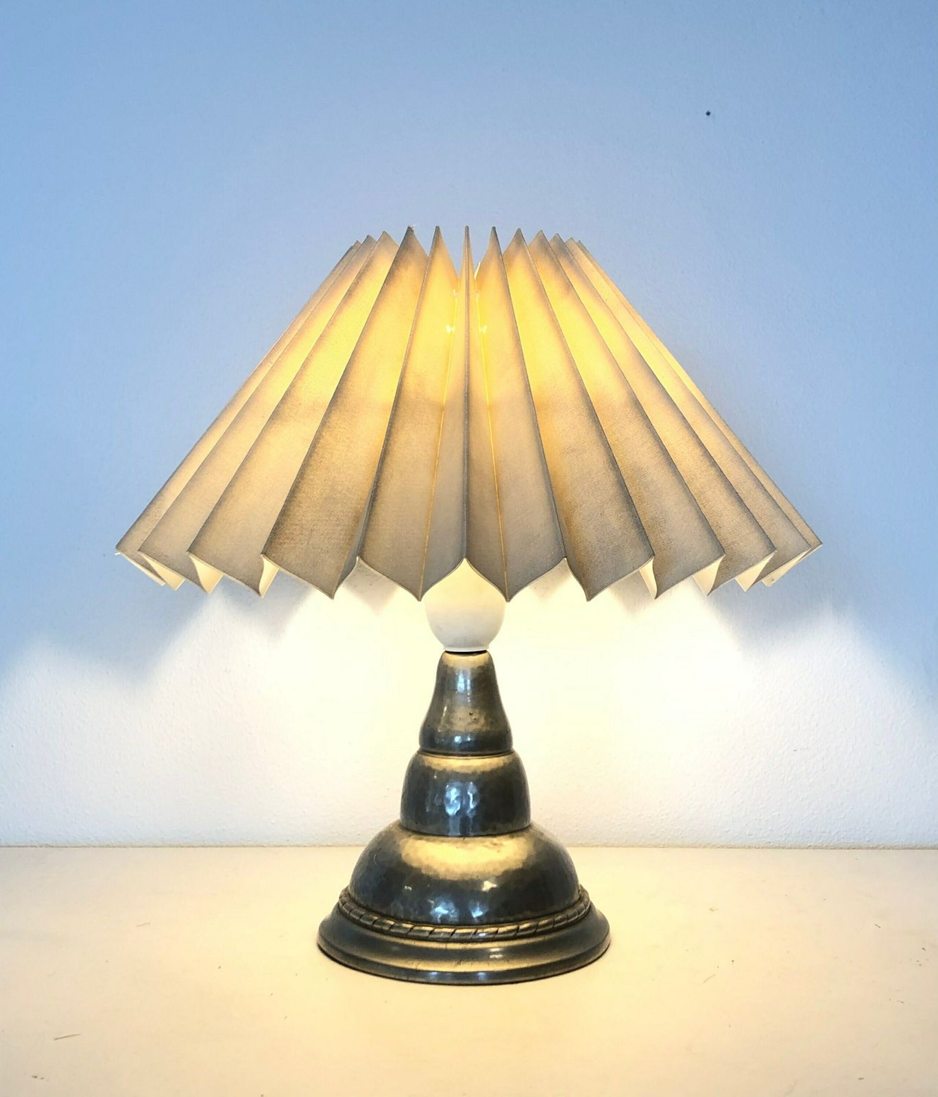 Danish Art Deco Hammered Pewter Table Lamp In Organic Shape With Decoration And Vintage Fabric Pleated Shade   Design By Hags, Denmark photo Lighting