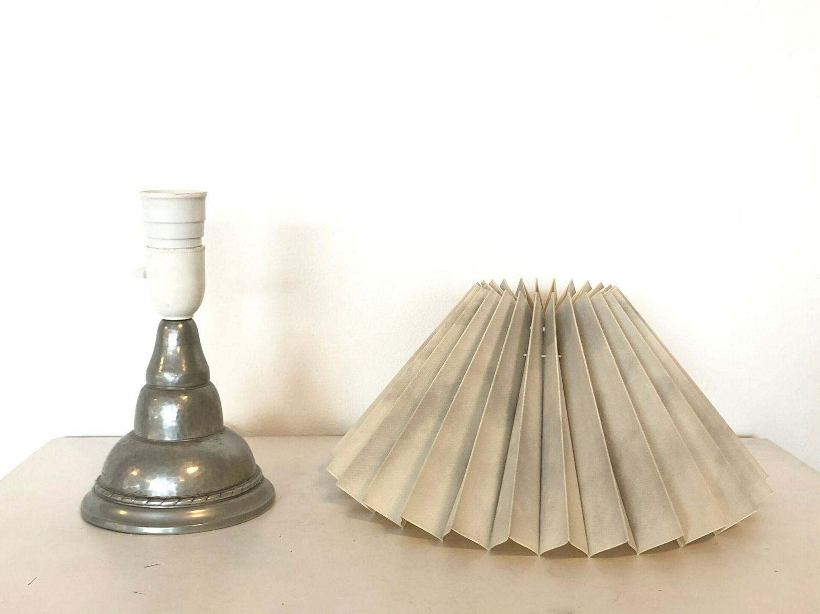 Danish Art Deco Hammered Pewter Table Lamp In Organic Shape With Decoration And Vintage Fabric Pleated Shade   Design By Hags, Denmark photo buy