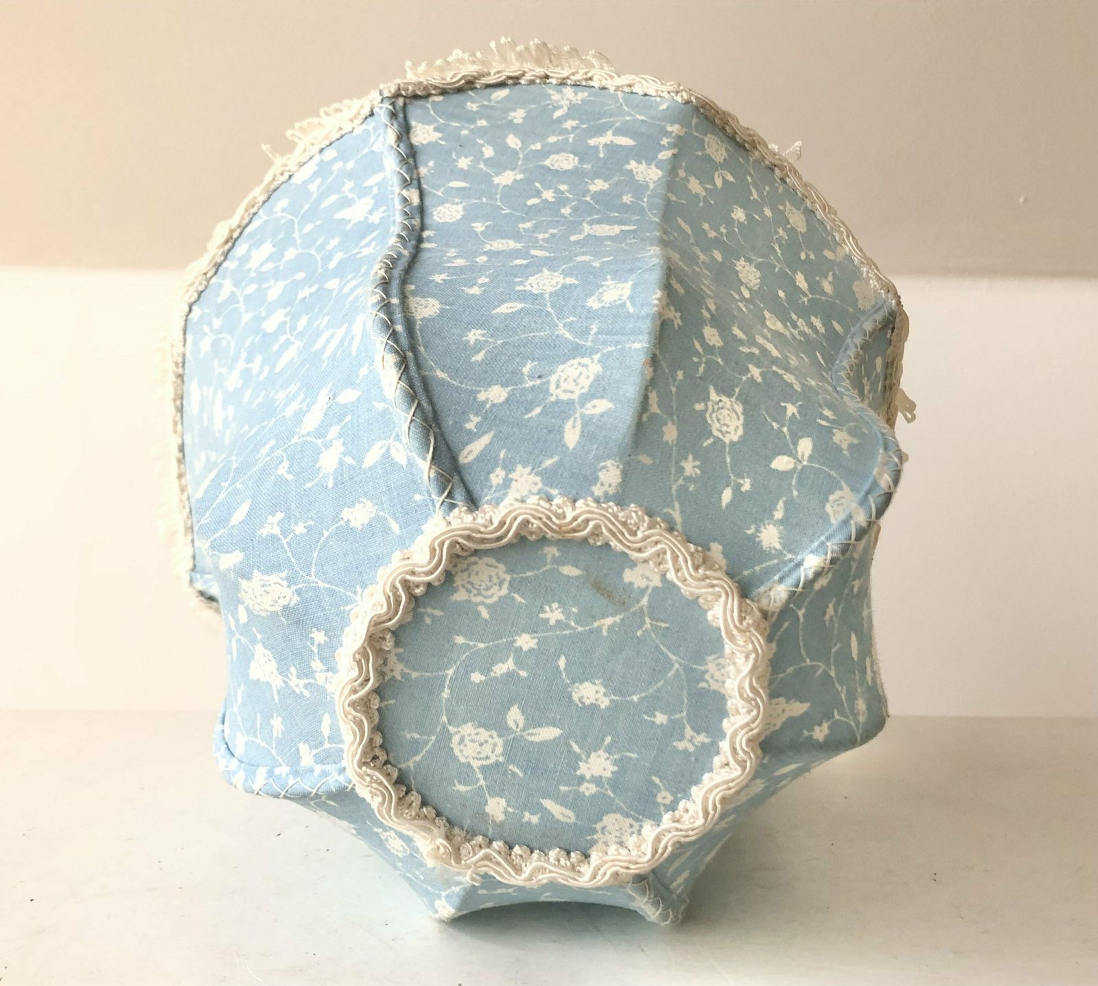 Mid Century Beautiful German Porcelain Table Lamp With Motive Of Child Surrounded By Flowers And A Vintage Blue Shade With Flower Pattern photo vintage