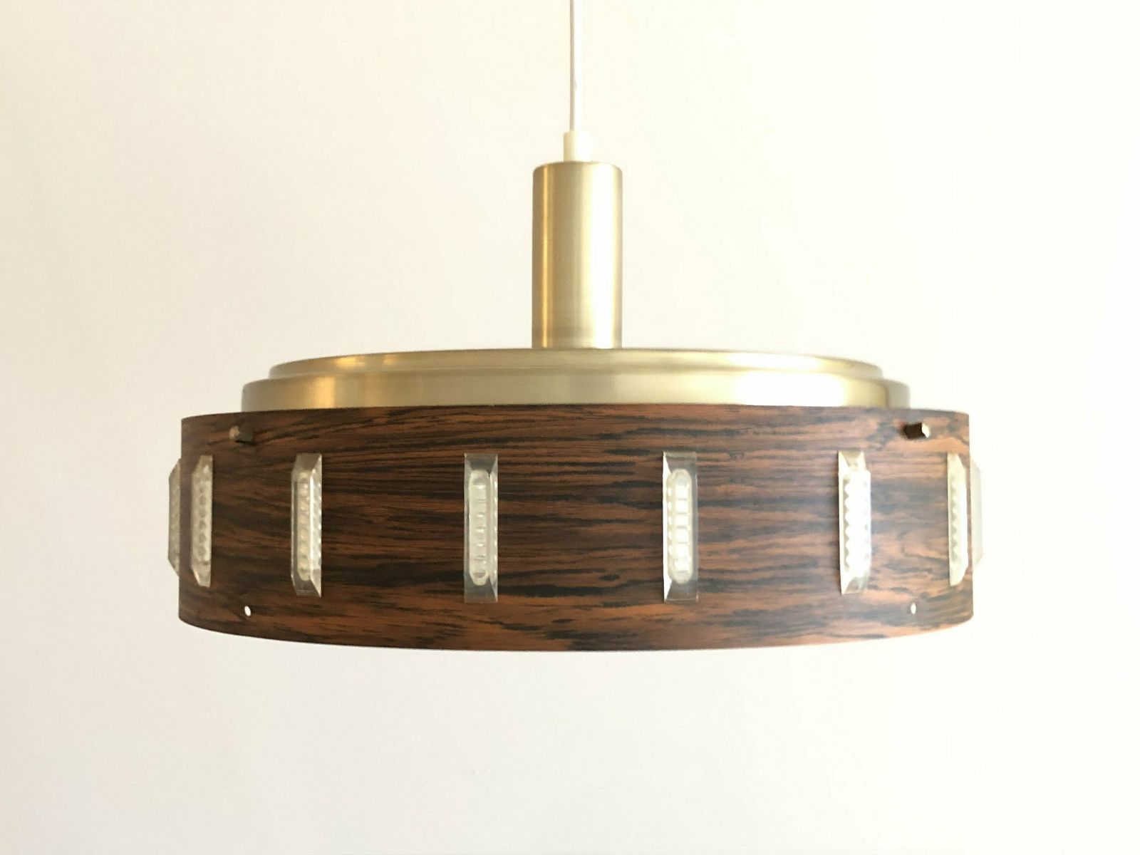 Danish Mid Century Modern Design Ceiling Lamp With Gold Painted Metal Shade And Cool Circular Painted Wood Patterned Shade photo furniture