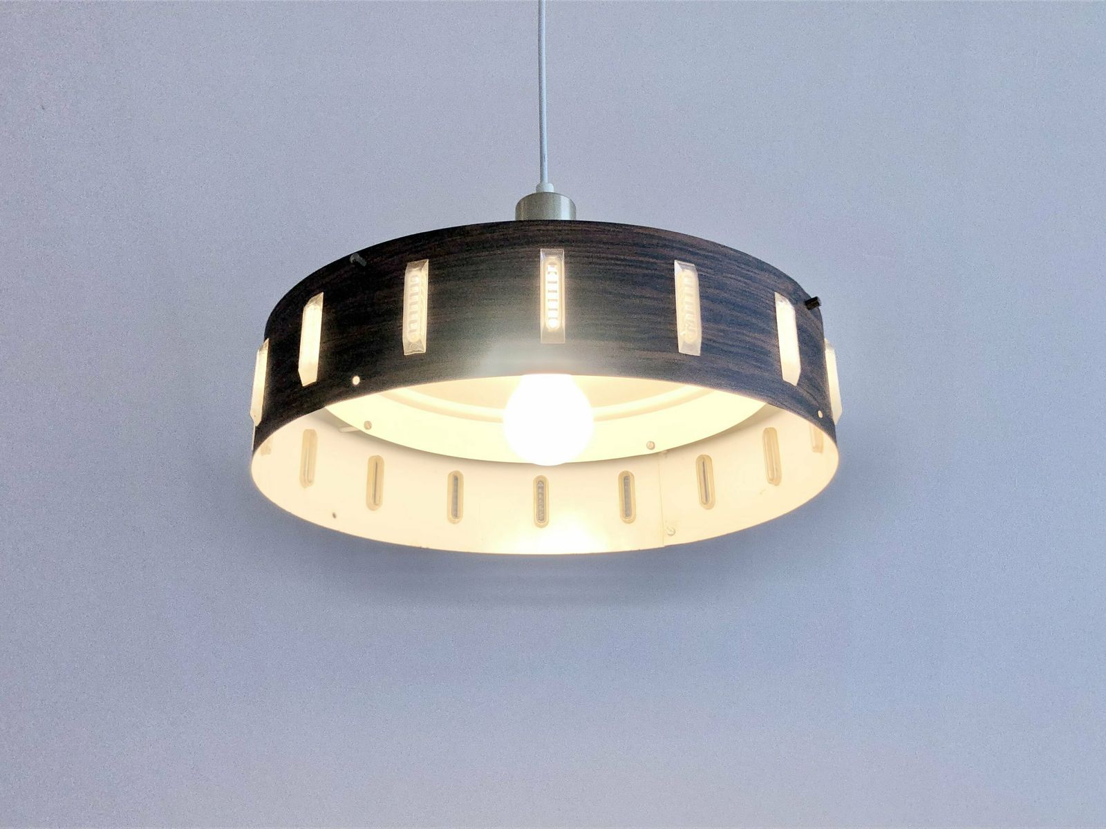 Danish Mid Century Modern Design Ceiling Lamp With Gold Painted Metal Shade And Cool Circular Painted Wood Patterned Shade photo Lighting