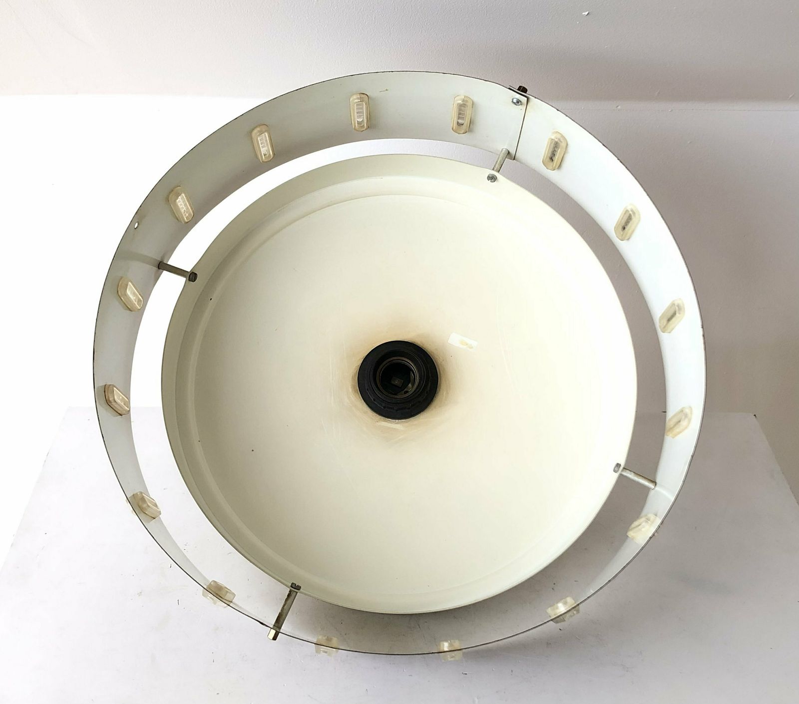 Danish Mid Century Modern Design Ceiling Lamp With Gold Painted Metal Shade And Cool Circular Painted Wood Patterned Shade photo vintage