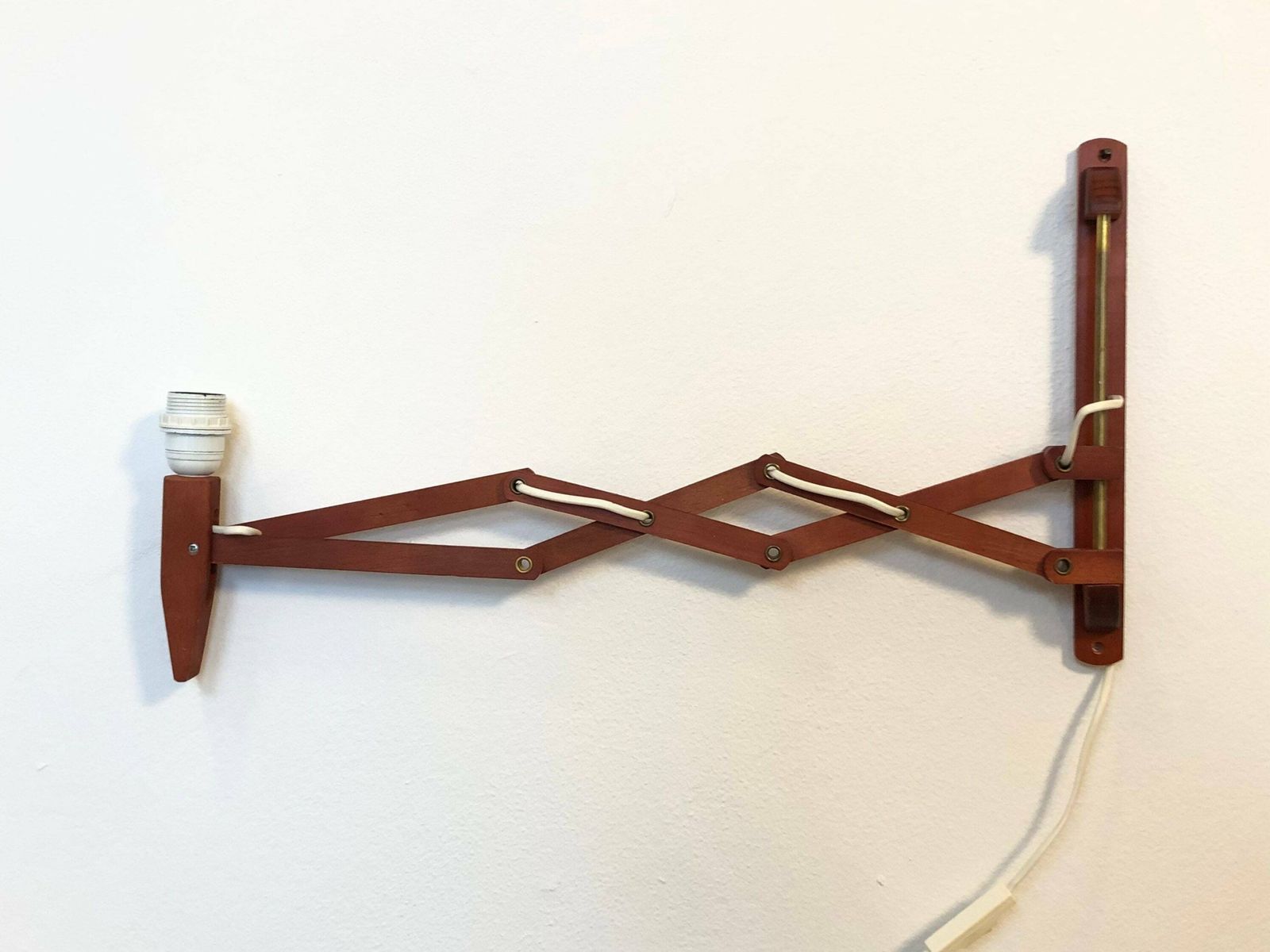 Mid Century Vintage Danalux Scissor Wall Lamp From Denmark In Red Coloured Wood Model “Saxlampe” photo 197.0