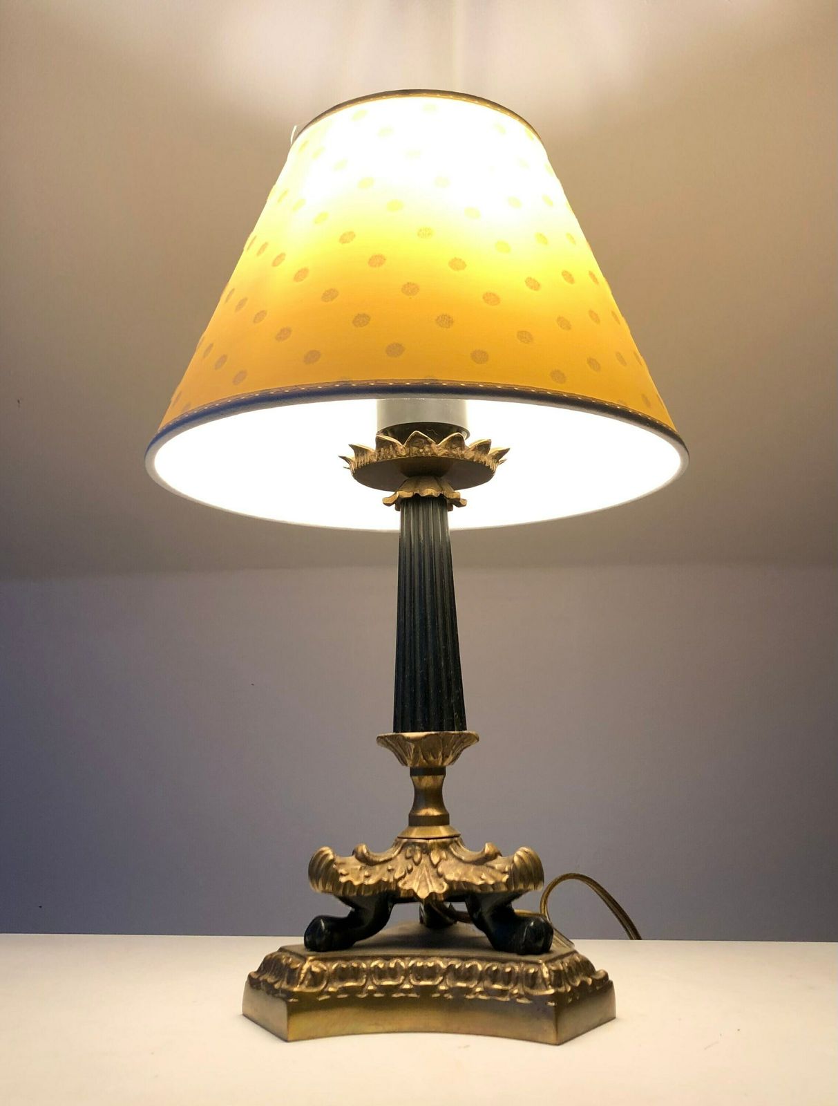 Empire Style Tripod Table Lamp In Brass And Black Painted Metal With Organic Shapes, Lion Feet And Off White Fabric Shade With Dots photo furniture