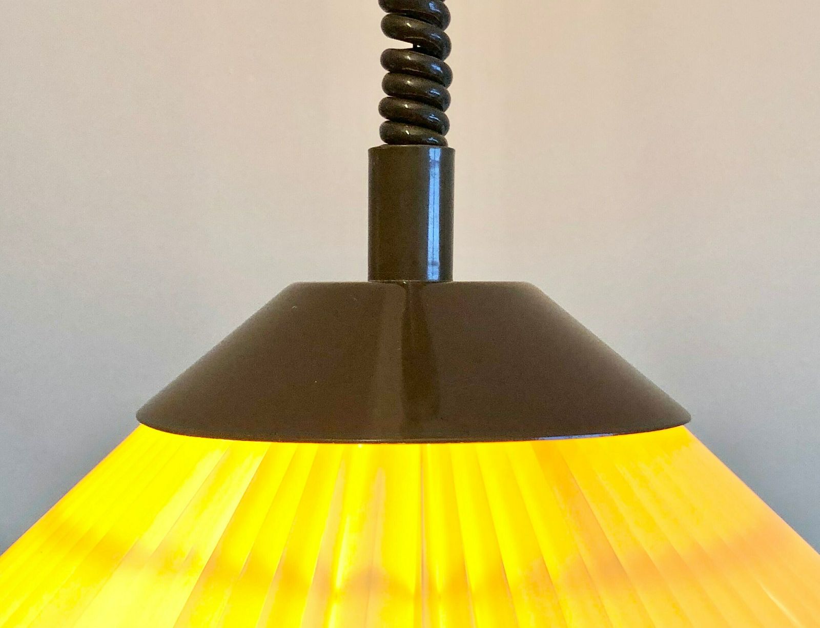 Danish Vintage Minimalist Ceiling Lamp With Beige Pleated Plastic Shade And Brown Metal Top And Hanger   Design By Lyskær Belysning photo 209.0