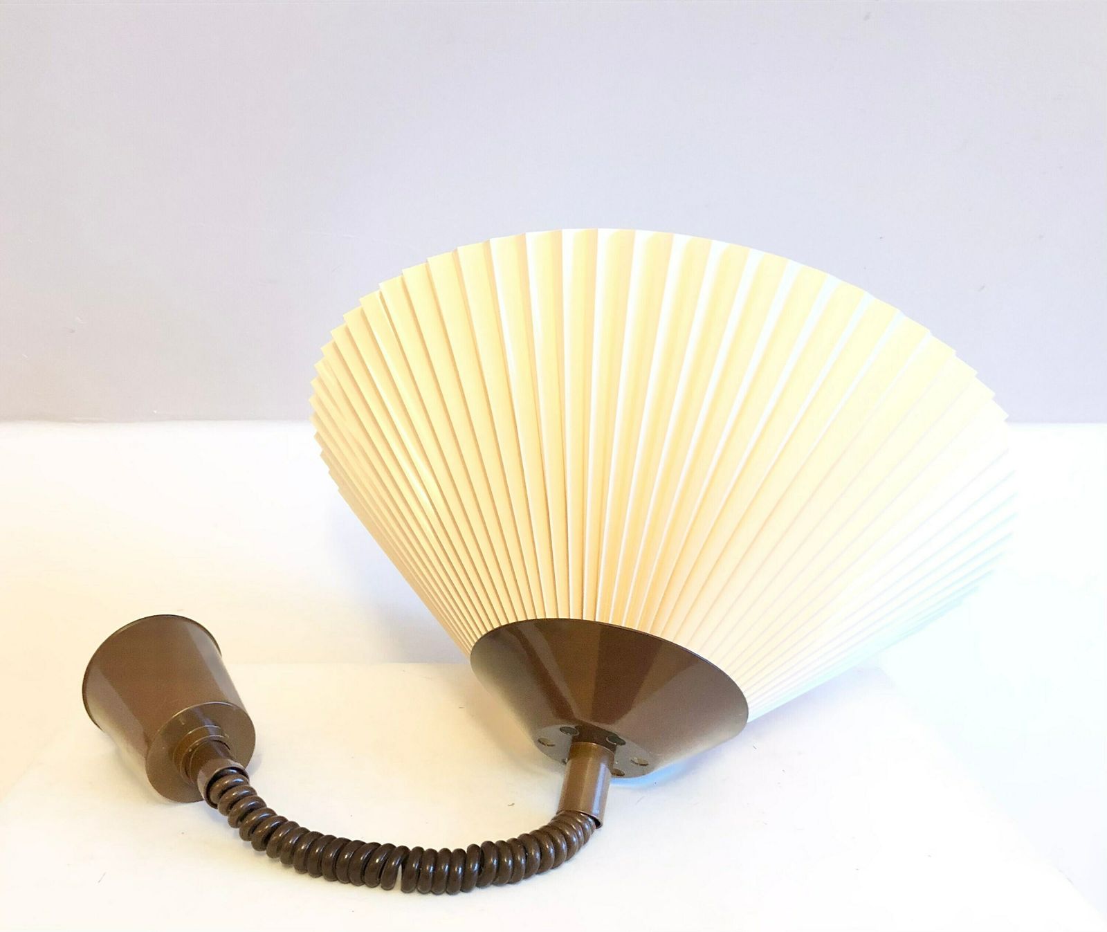 Danish Vintage Minimalist Ceiling Lamp With Beige Pleated Plastic Shade And Brown Metal Top And Hanger   Design By Lyskær Belysning photo vinterior