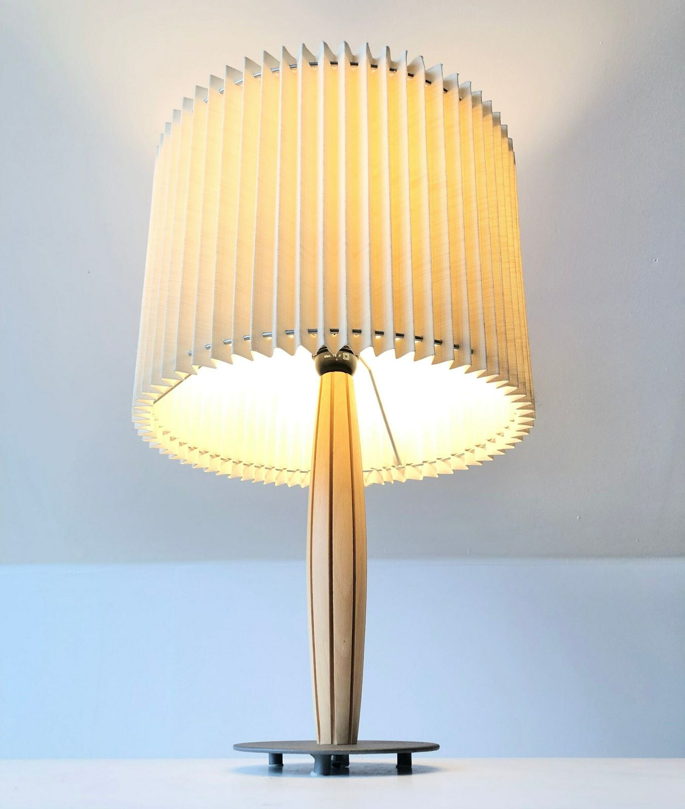 Vintage Ikea Design Postmodern Table Lamp In Beech Wood With Grooves, Dark Grey Metal Base And Beige Pleated Fabric Shade photo furniture
