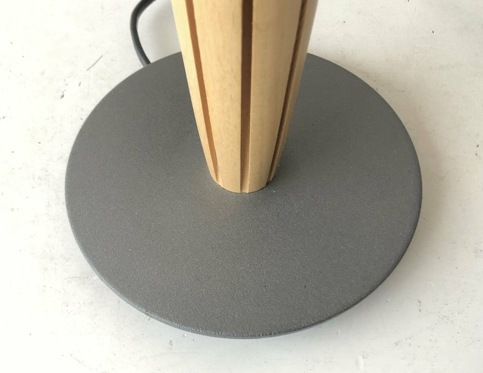 Vintage Ikea Design Postmodern Table Lamp In Beech Wood With Grooves, Dark Grey Metal Base And Beige Pleated Fabric Shade photo buy