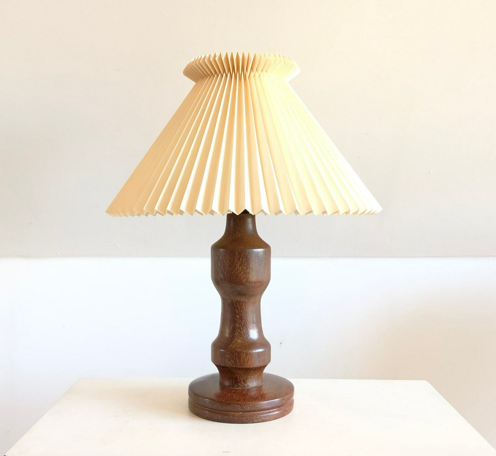 Exquisite Danish Wood Sculptural Modernist Mid Century Table Lamp With Organic Shapes And Original Vintage Beige Pleated Cle Klint Shade photo for sale