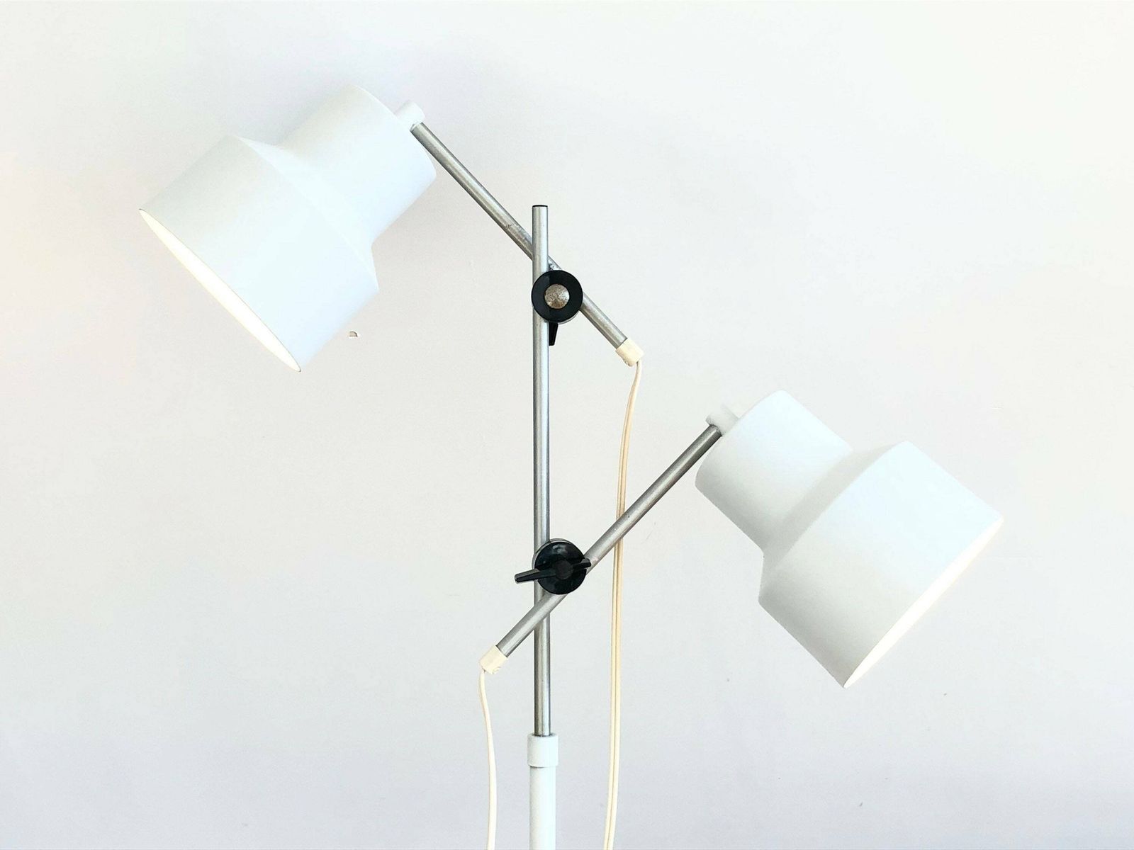 Danish Mid Century Minimalist Design Floor Lamp In White Painted Metal With Adjustable Twin Shades Snd Aluminium Details