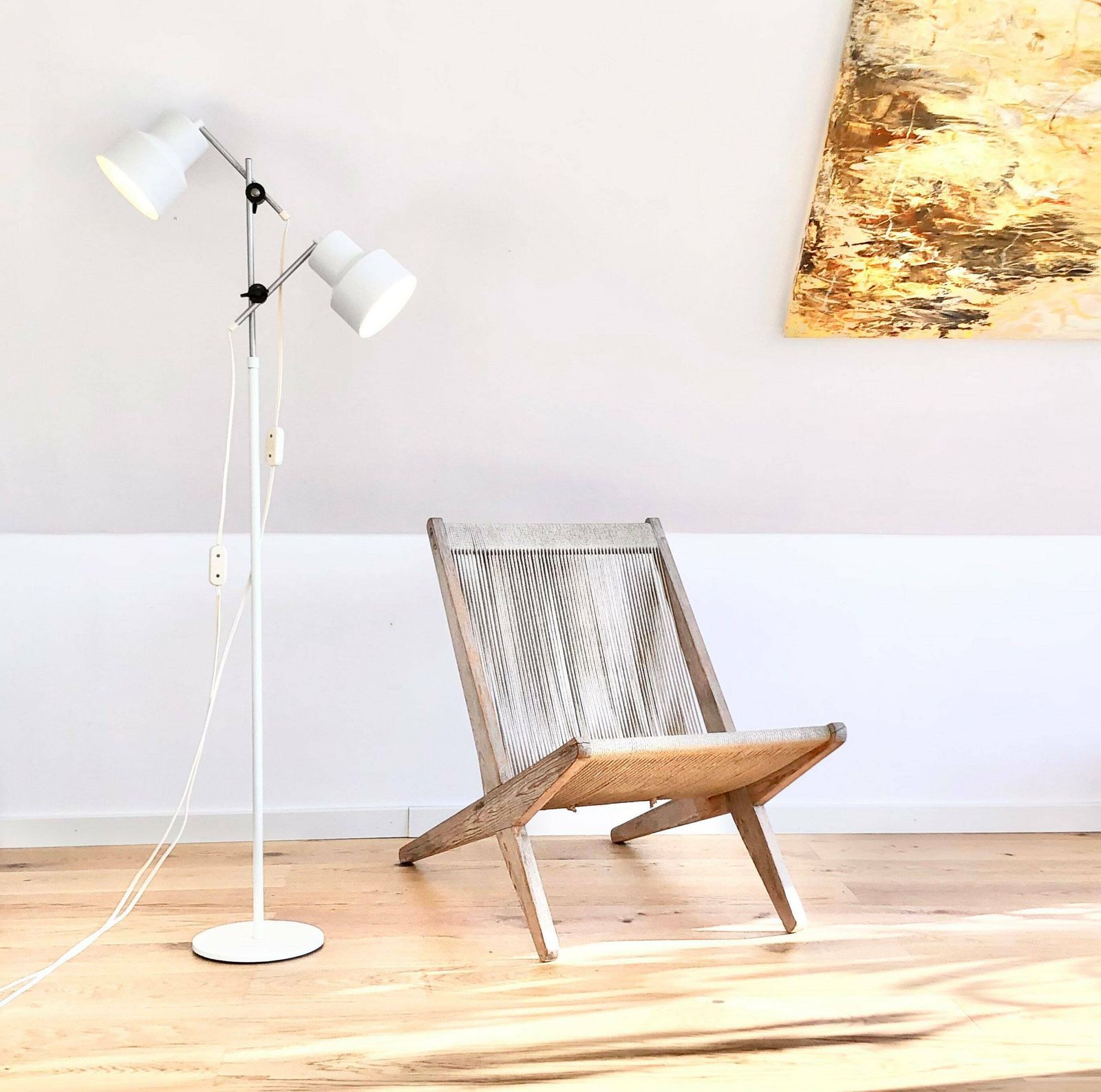 Danish Mid Century Minimalist Design Floor Lamp In White Painted Metal With Adjustable Twin Shades Snd Aluminium Details photo furniture