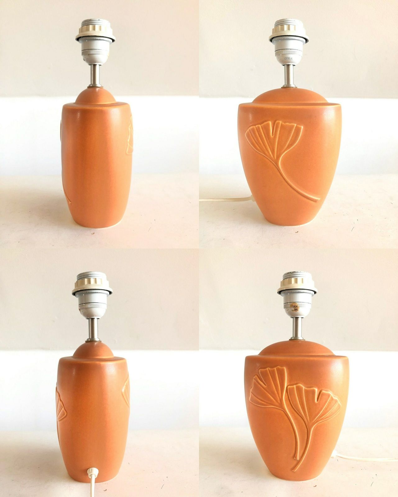 Danish Original Mid Century Modern Ceramic Table Lamp With Pale Orange Glaze And Gorgeous Leaf Relief   Design By Søholm, Bornholm Denmark photo buy
