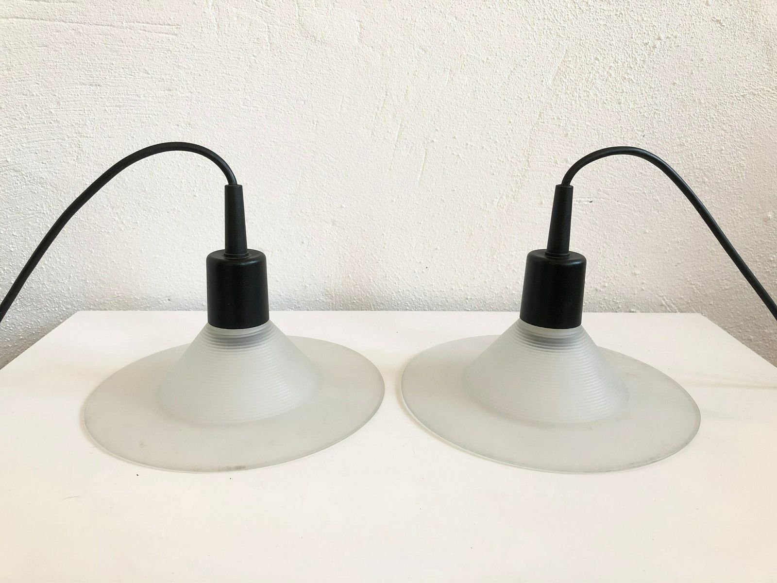 Pair Of Danish Postmodern Minimalist Ceiling Lamps In Frosted Glass With Grooved Pattern   Design From Odreco photo vintage