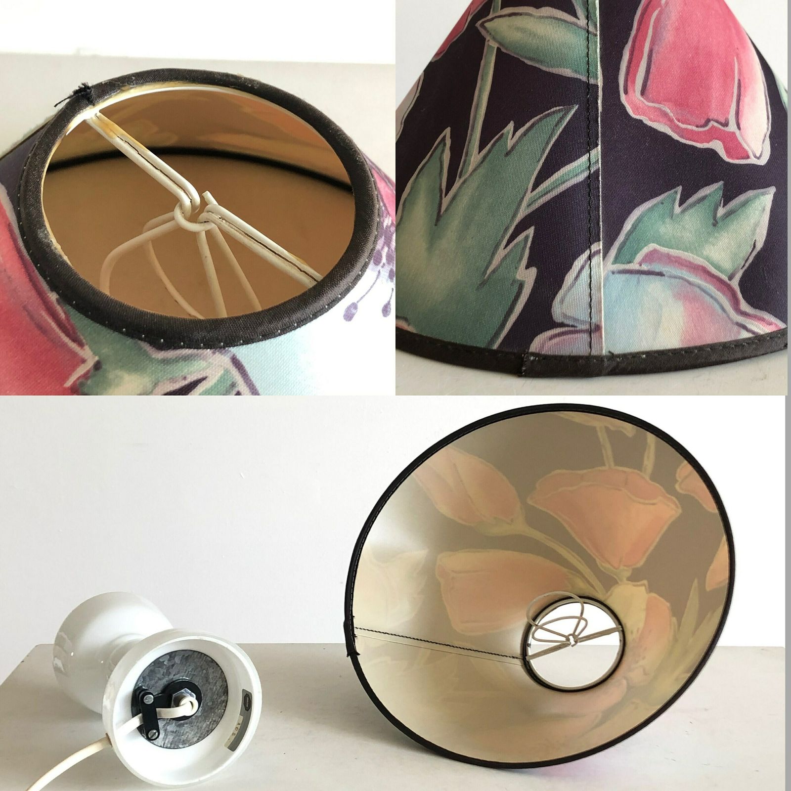 Danish Mid Century Table Lamp With Odreco Design Opal Glass Base And Beautiful Flower Decorated Vintage Fabric Shade photo vintage
