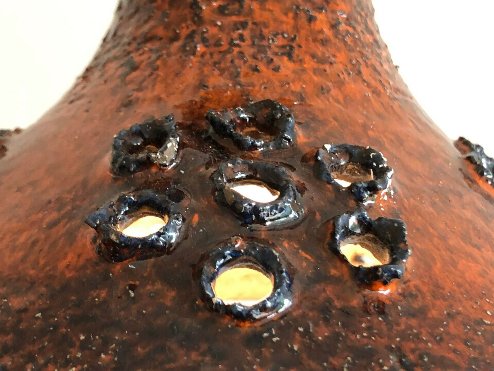 Mid Century Modern Danish Design Stone Ware Ceramic Ceiling Lamp With Dark Orange Brown Glaze And Floral Perforated Pattern photo for sale