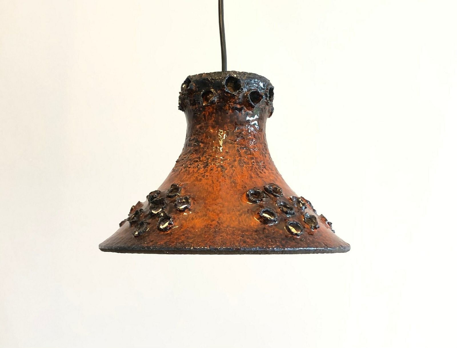 Mid Century Modern Danish Design Stone Ware Ceramic Ceiling Lamp With Dark Orange Brown Glaze And Floral Perforated Pattern photo Lighting