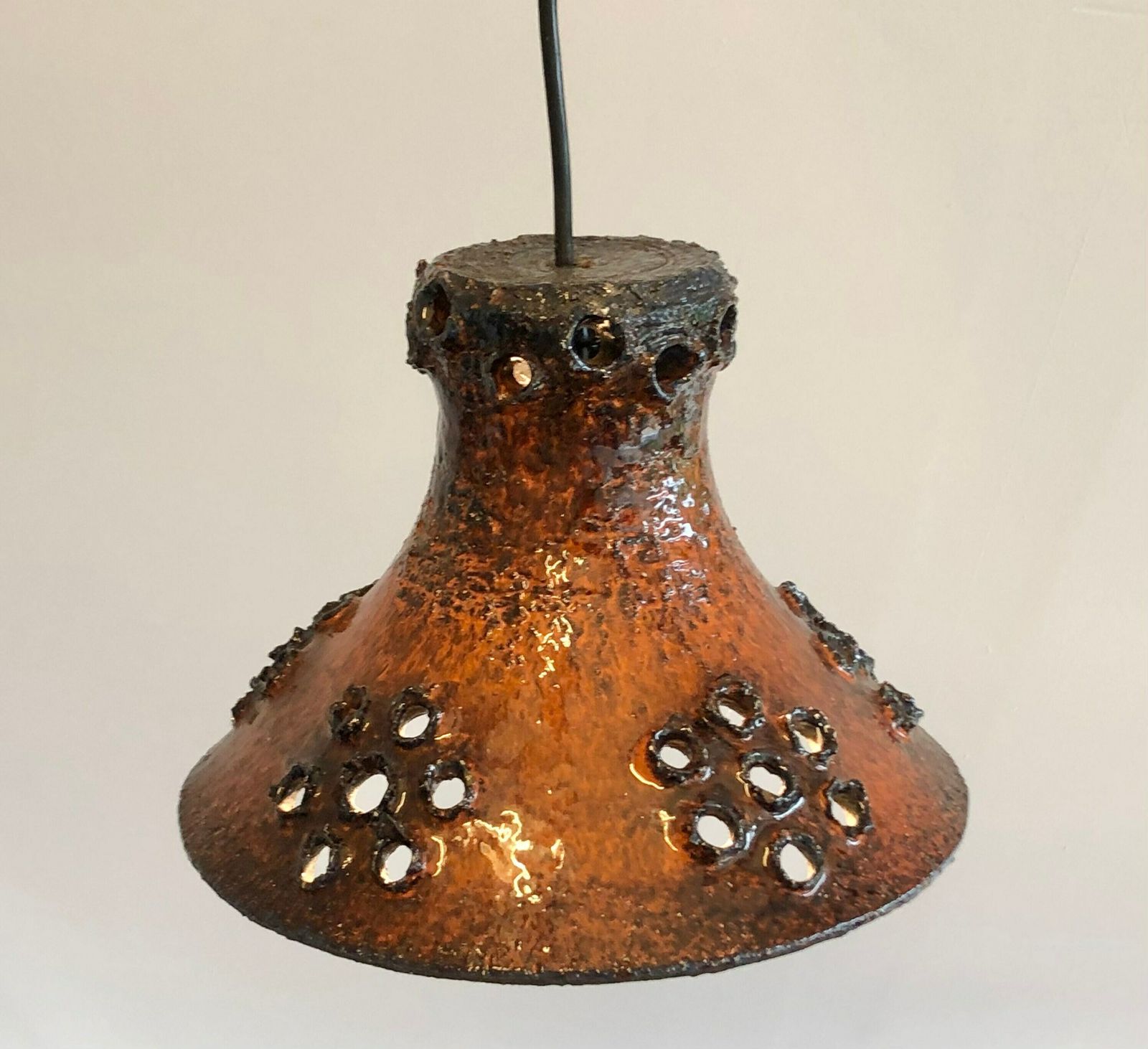 Mid Century Modern Danish Design Stone Ware Ceramic Ceiling Lamp With Dark Orange Brown Glaze And Floral Perforated Pattern photo 221.0