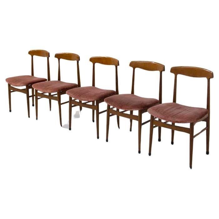 Set Of Five Italian Wood And Velvet Chairs