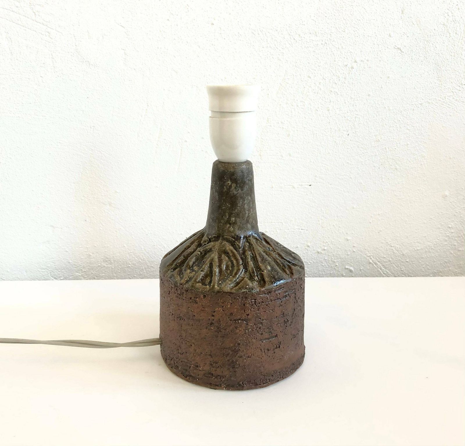 Danish Mid Century Stoneware Ceramic Table Lamp With Organic Shaped Relief In Dark Green And Black Glaze photo for sale