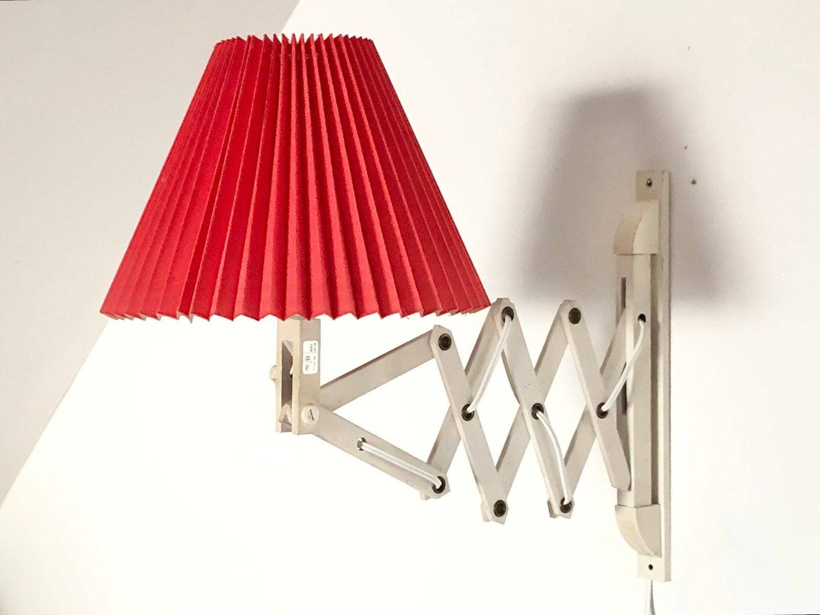 Vintage Danish Original Le Klint Design “Lk 96” Mid Century Scissor Wall Lamp In White Painted Wood With Red Pleated Shade photo furniture