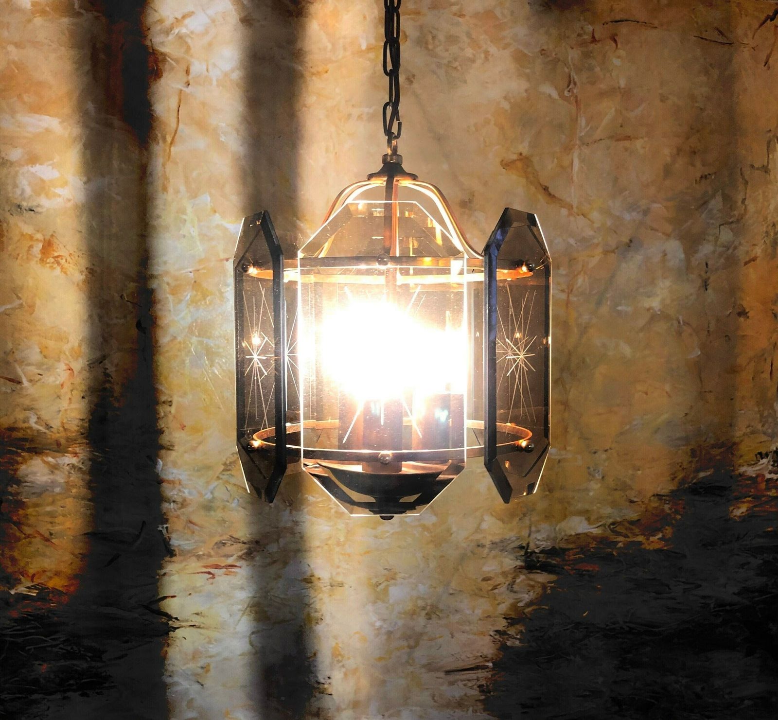 Danish Mid Century Ceiling Lamp In Smoke Colored Crystal Glass With Beautiful Carvings And Brass Details photo furniture
