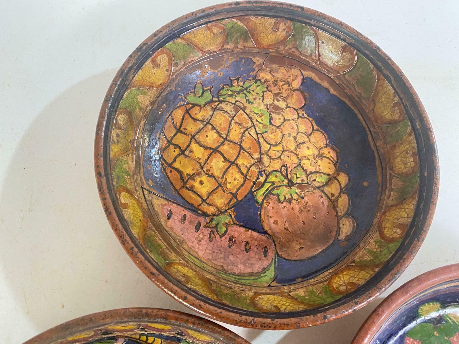 Portugal Faience Plates Hand Painted 20th Century Yellow Brown Colors Set Of 3 photo for sale