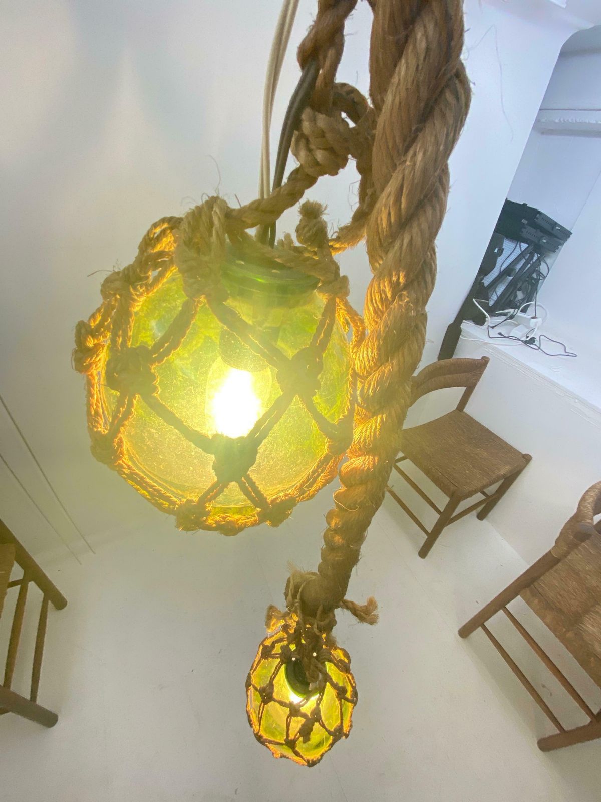 Audoux Minet Attributed Rope Ceilling Light 2 Green Glass Balls France, 1950 photo furniture