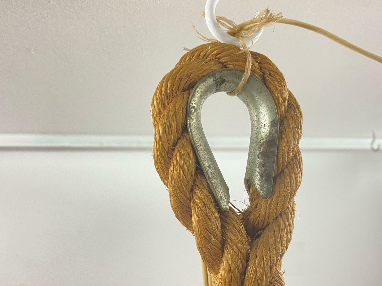 Audoux Minet Attributed Rope Ceilling Light 2 Green Glass Balls France, 1950 photo vintage