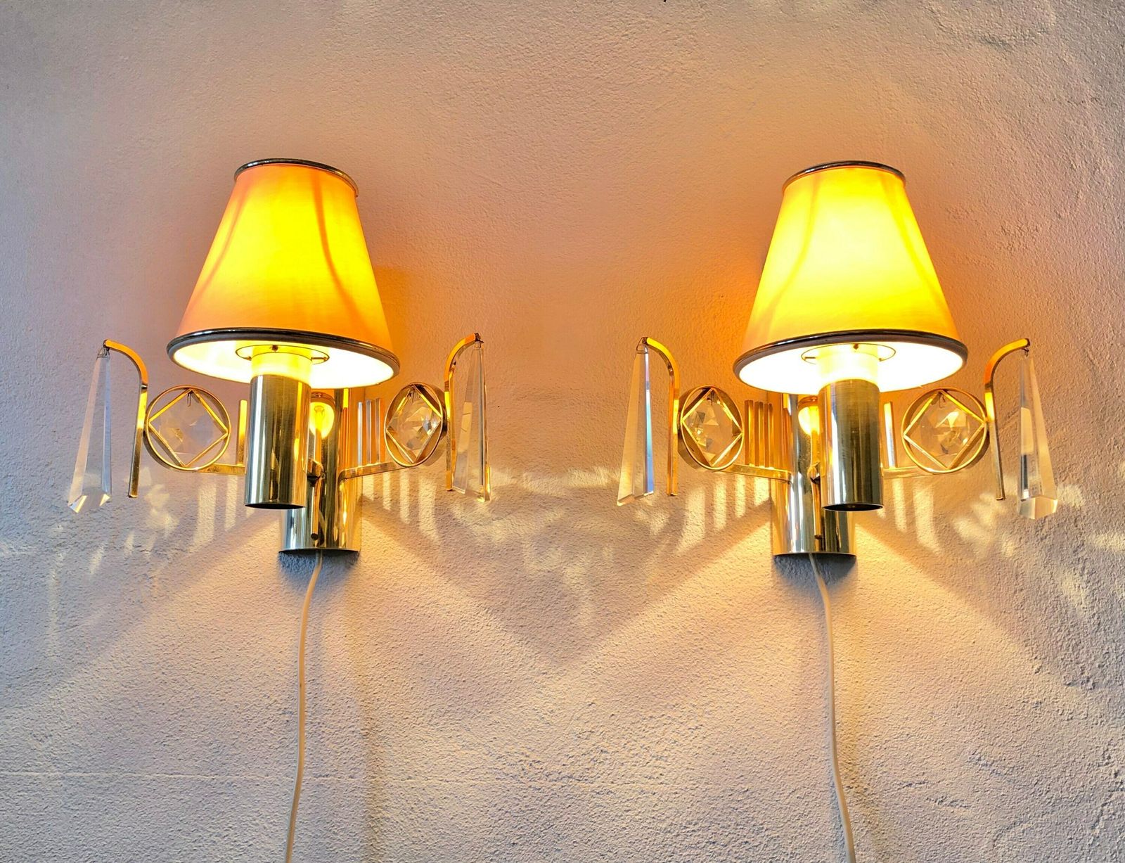 Pair Of Golden Elegant Danish Mid Century Wall Lamps In Modernist Design With Crystal Details And Cute Shades   Design By M.P.R., Denmark photo furniture