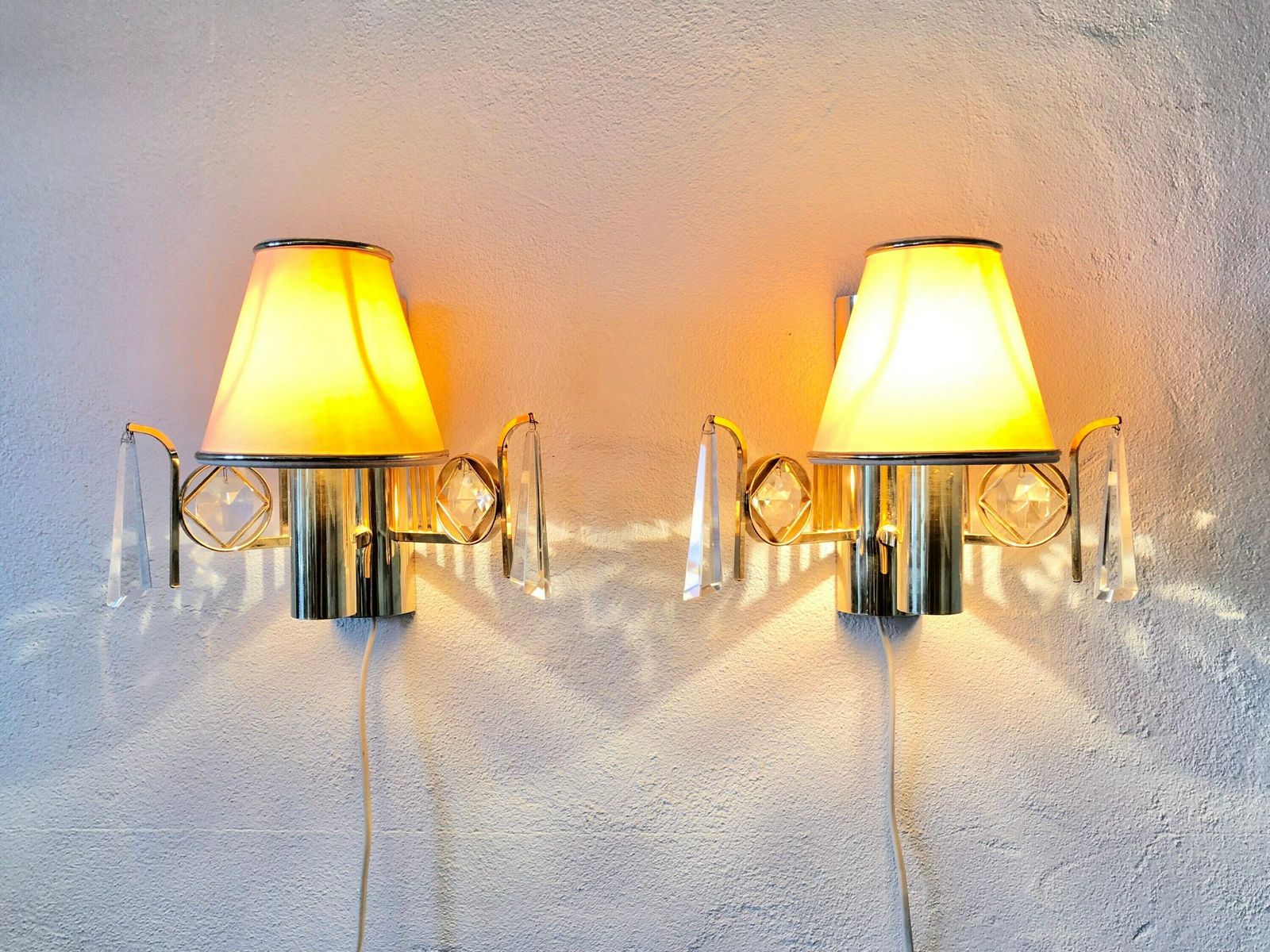Pair Of Golden Elegant Danish Mid Century Wall Lamps In Modernist Design With Crystal Details And Cute Shades   Design By M.P.R., Denmark photo for sale