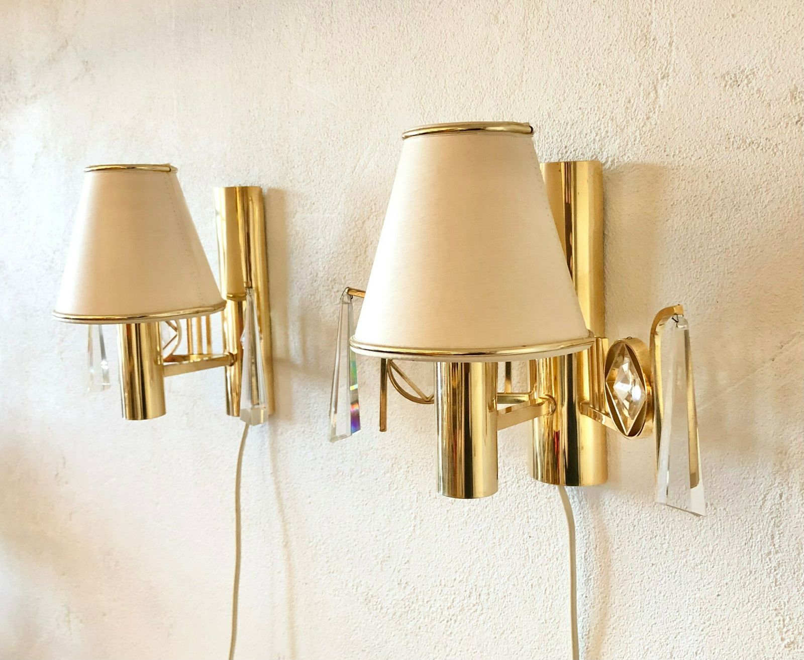 Pair Of Golden Elegant Danish Mid Century Wall Lamps In Modernist Design With Crystal Details And Cute Shades   Design By M.P.R., Denmark photo Lighting