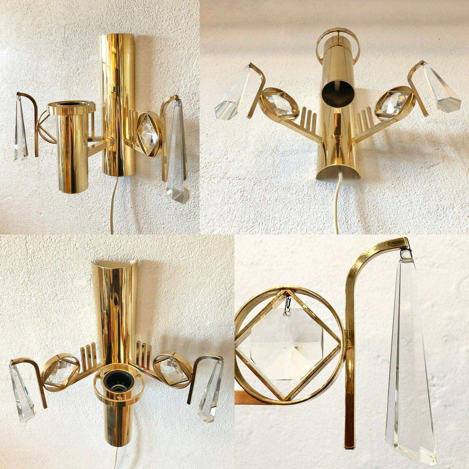 Pair Of Golden Elegant Danish Mid Century Wall Lamps In Modernist Design With Crystal Details And Cute Shades   Design By M.P.R., Denmark photo vintage