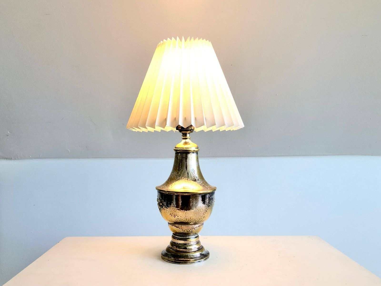 Danish Art Deco Brass And Silverplate Table Lamp In Organic Shape With Decoration And White Shade   Design By G. Traberg Sølv, Fredericia