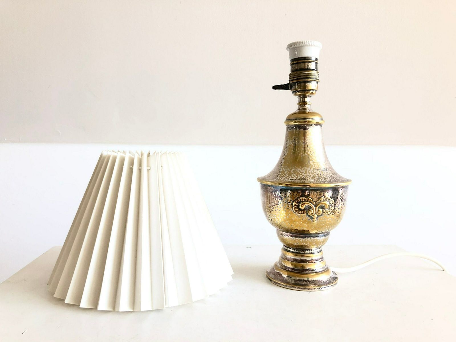 Danish Art Deco Brass And Silverplate Table Lamp In Organic Shape With Decoration And White Shade   Design By G. Traberg Sølv, Fredericia photo vintage